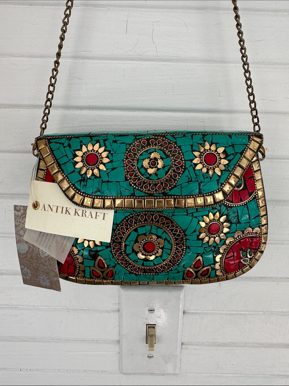 Turquoise Mosaic Metal Shoulder Bag with Red & Gold Accents - Picture 2 of 5